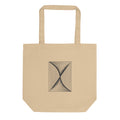 A systematic vector print of parallel vertical lines distorted by a central spiral on a tote bag. Shown on the Bone (Oyster) colorway.