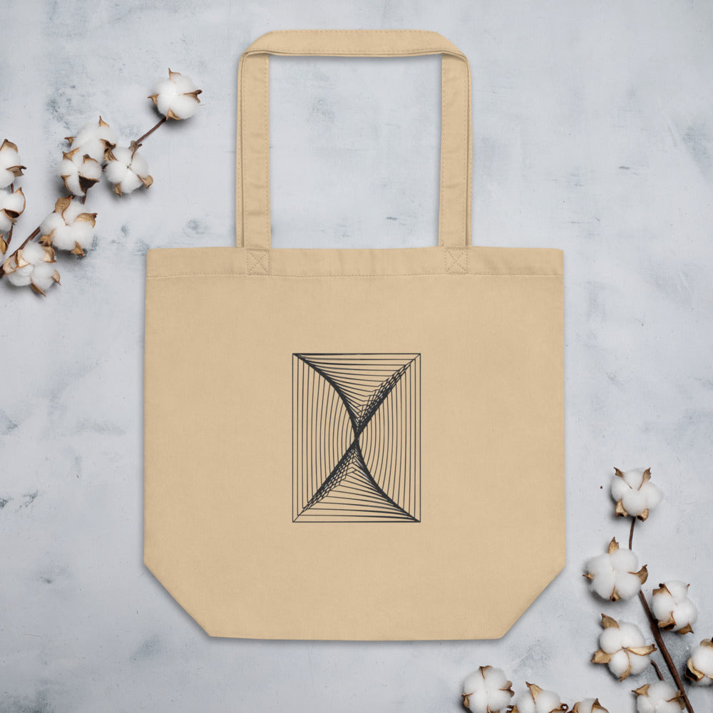 A systematic vector print of parallel vertical lines distorted by a central spiral on a tote bag. Flat lay, Bone colourway.
