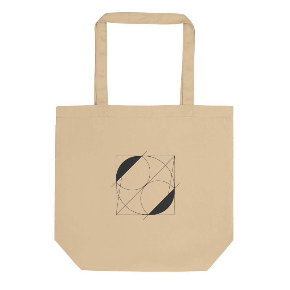 A vector line art design of intersecting crescent-shaped lunettes over a right triangle on a tote bag. Shown on the Bone (Oyster) colorway.