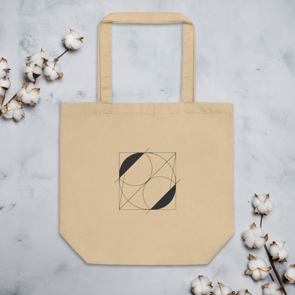 A vector line art design of intersecting crescent-shaped lunettes over a right triangle on a tote bag. Flat lay, Bone colourway.