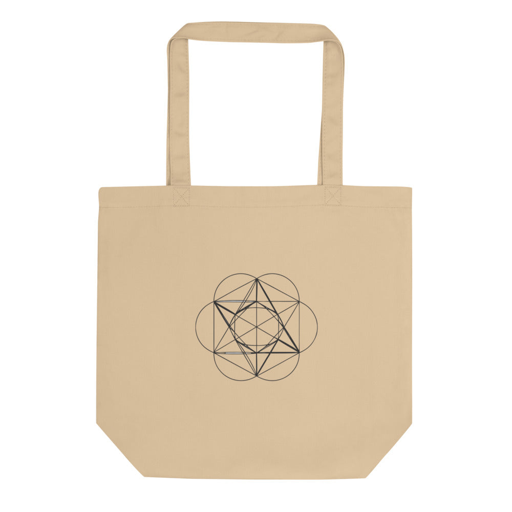 A symmetric orthographic projection of a great icosahedron wireframe printed on a tote bag. Shown on the Bone (Oyster) colorway.