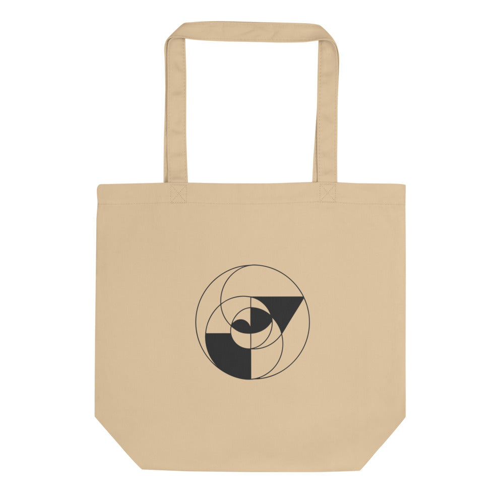 An Apollonian gasket fractal curve of nested tangent circles in fine vector lines on a minimalist tote bag. Shown on the Bone (Oyster) colorway.