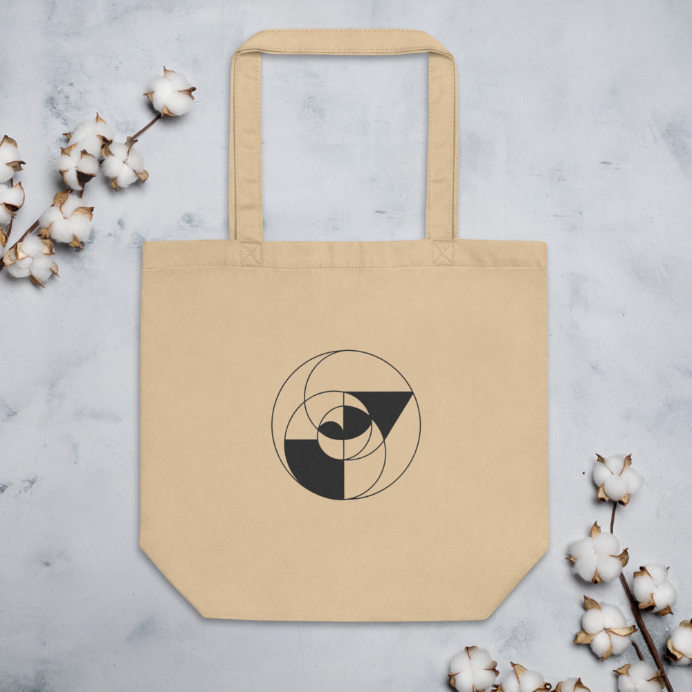 An Apollonian gasket fractal curve of nested tangent circles in fine vector lines on a minimalist tote bag. Flat lay, Bone colourway.