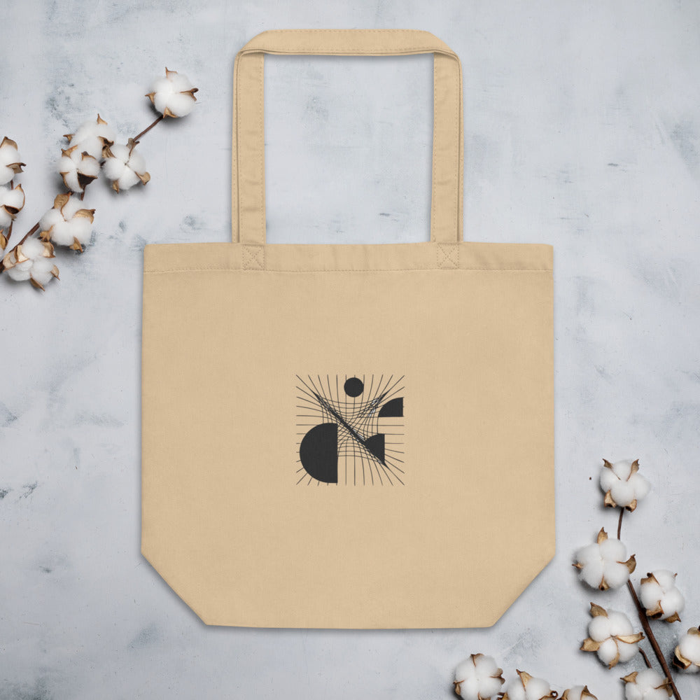 A minimalist sheared parallel grid design in precise hairline strokes on a tote bag. Flat lay, Bone colourway.
