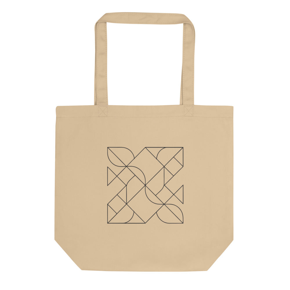 A vector line drawing of a Heesch tiling pattern with interlocking irregular polygons on a tote bag. Shown on the Bone (Oyster) colorway.