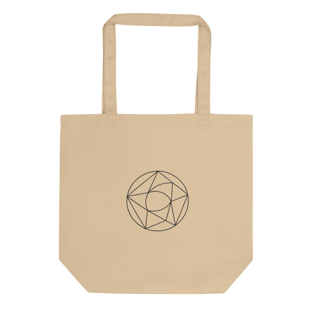An orthographic projection of a triangulated Mobius strip printed in thin wireframe lines on a tote bag. Shown on the Bone (Oyster) colorway.