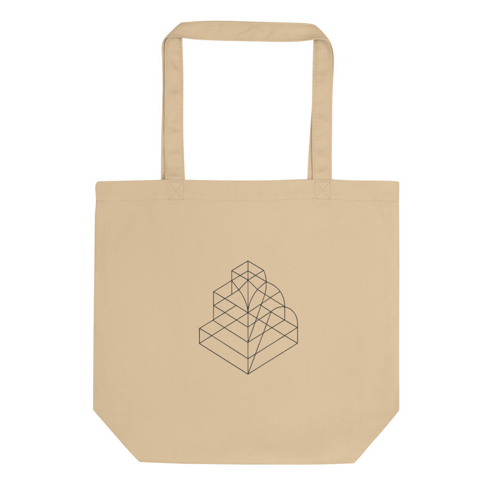 An isometric wireframe projection of a stepped, square-based pyramid printed on a tote bag. Shown on the Bone (Oyster) colorway.