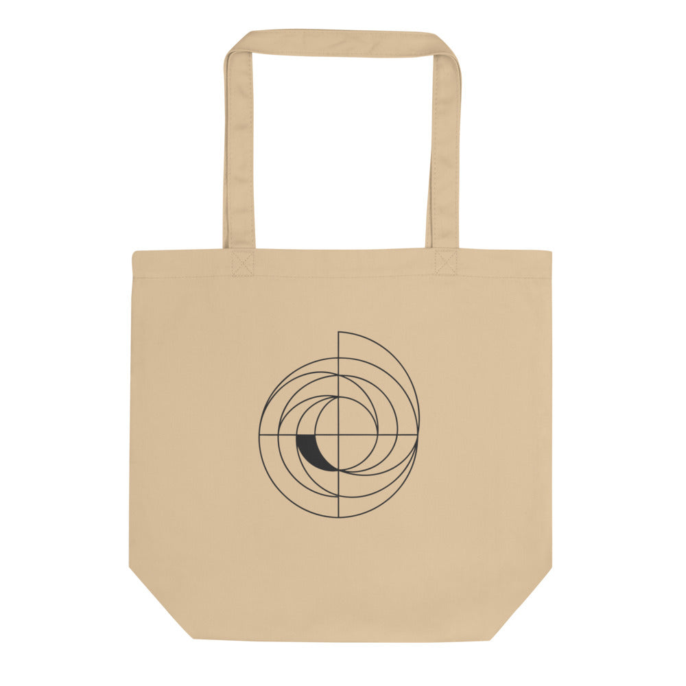 Concentric polar shift circle design in thin uniform lines printed on a tote bag. Shown on the Bone (Oyster) colorway.