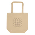 A minimalist geometric print of intersecting orthogonal circular arcs forming a bipolar grid on a tote bag. Shown on the Bone (Oyster) colorway.