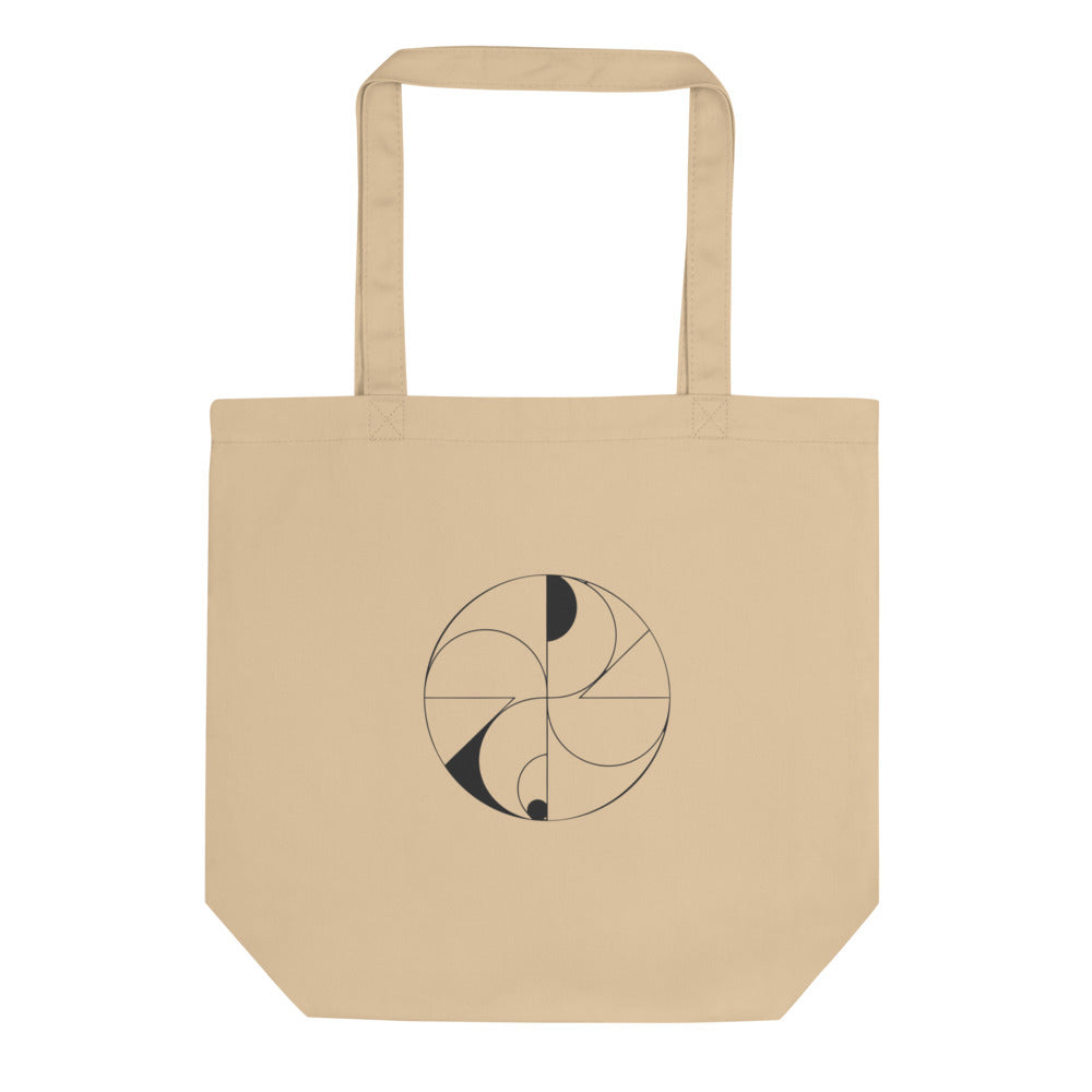 Hairline-weight vector illustration of dual overlapping spiric torus lobes printed on a minimalist tote bag. Shown on the Bone (Oyster) colorway.