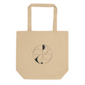 Hairline-weight vector illustration of dual overlapping spiric torus lobes printed on a minimalist tote bag. Shown on the Bone (Oyster) colorway.