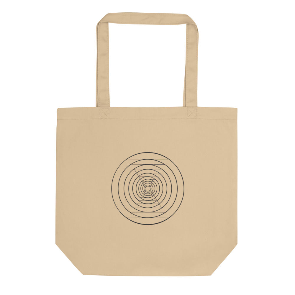A sequence of twenty nested circles with logarithmic radial spacing on a tote bag. Shown on the Bone (Oyster) colorway.