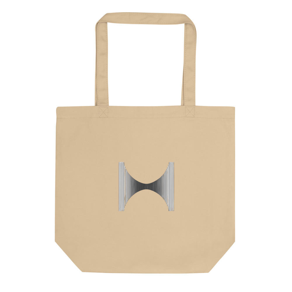 A field of vertical parallel lines deflected at the center by a Lorentzian curve, printed on a tote bag. Shown on the Bone (Oyster) colorway.