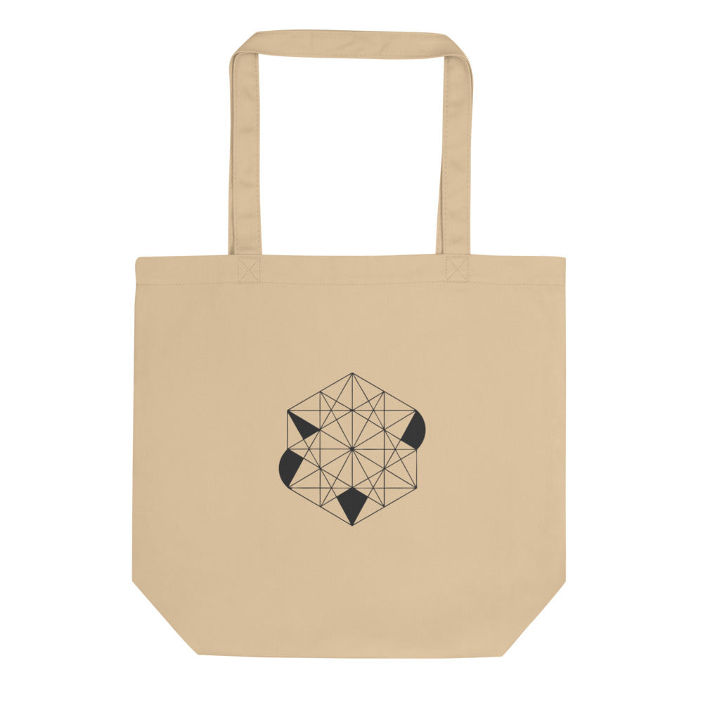 A close-up of a tri-hexagonal Kagome lattice pattern with interlocking stars and hexagons in fine lines on a tote bag. Shown on the Bone (Oyster) colorway.