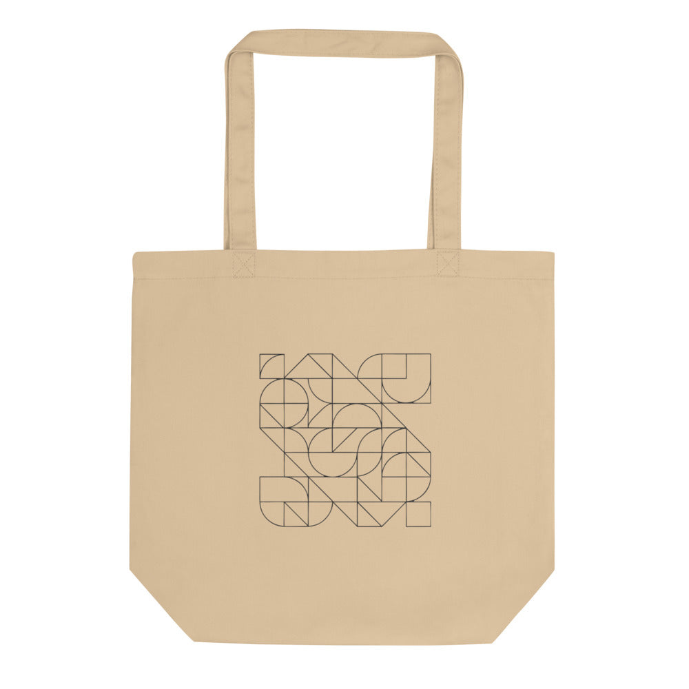 A continuous Pythagorean tiling pattern of alternating small and large squares in hairline strokes printed on a tote bag. Shown on the Bone (Oyster) colorway.