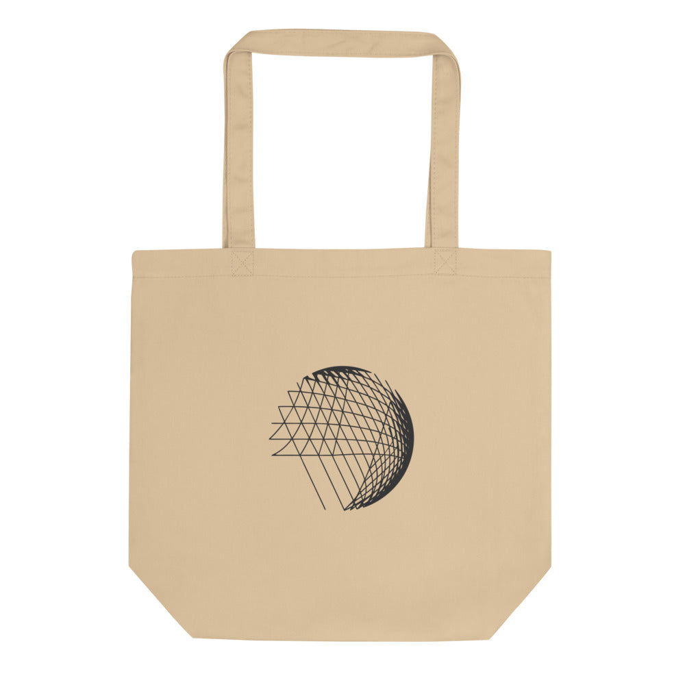 An abstract hyperbolic cylinder printed on a tote bag, constructed from intersecting straight vector lines. Shown on the Bone (Oyster) colorway.