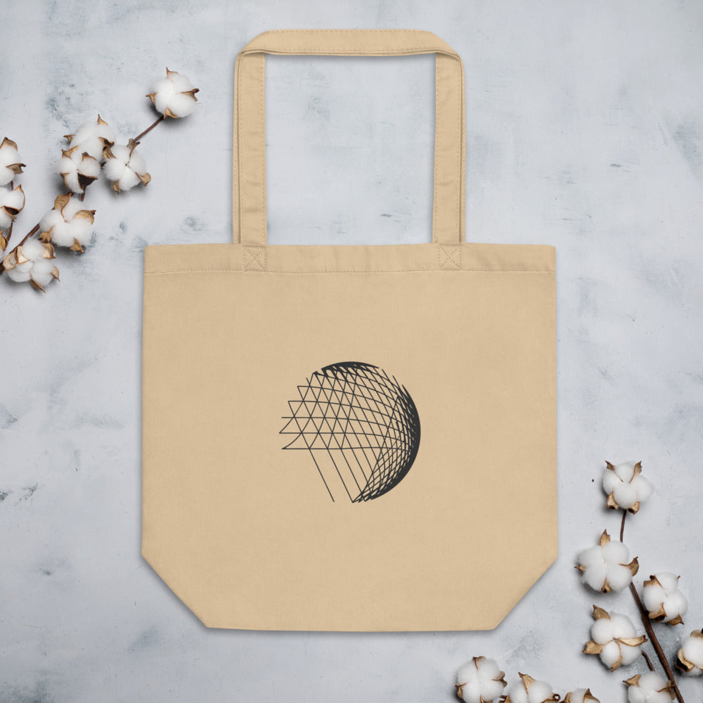 An abstract hyperbolic cylinder printed on a tote bag, constructed from intersecting straight vector lines. Flat lay, Bone colourway.