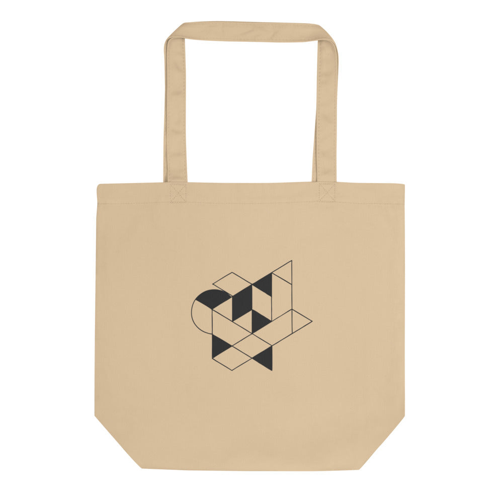 Isometric impossible tribar geometric line art design printed on a tote bag. Shown on the Bone (Oyster) colorway.