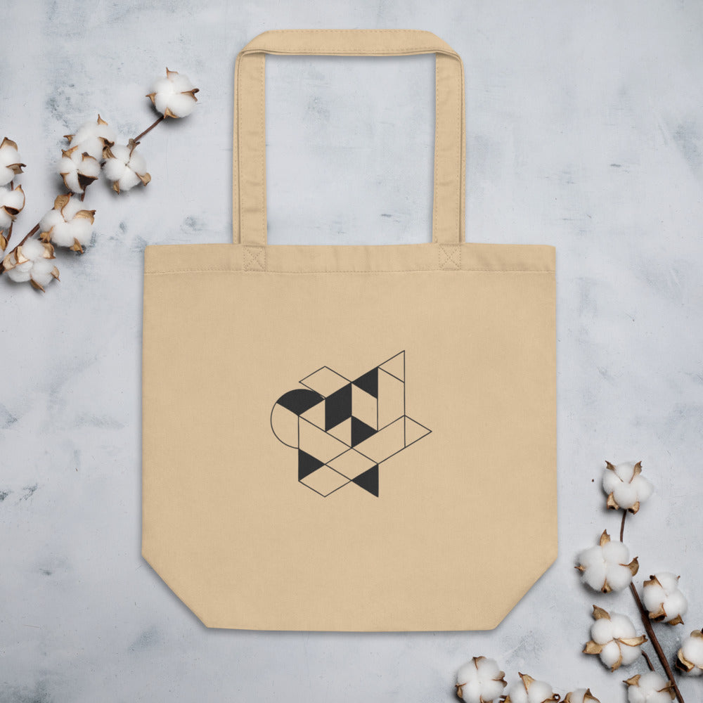 Isometric impossible tribar geometric line art design printed on a tote bag. Flat lay, Bone colourway.
