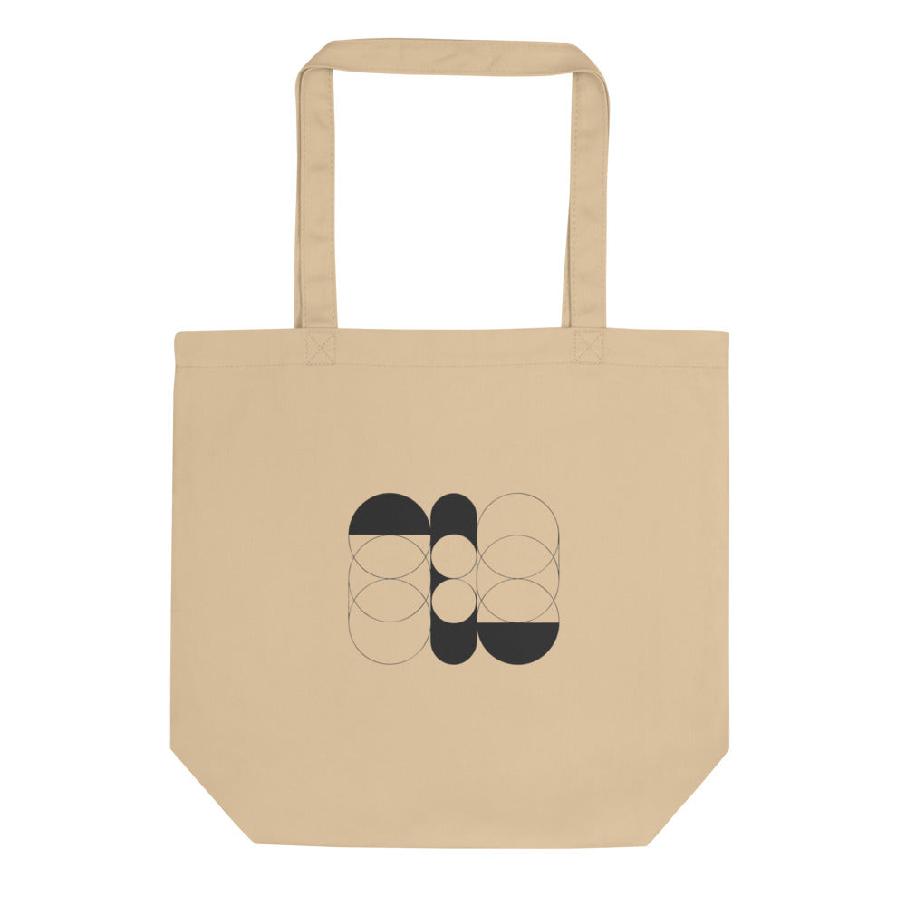 A sequence of nested Cassini ovals in fine hairline weight, transitioning from two loops to a flattened ellipse on a tote bag. Shown on the Bone (Oyster) colorway.
