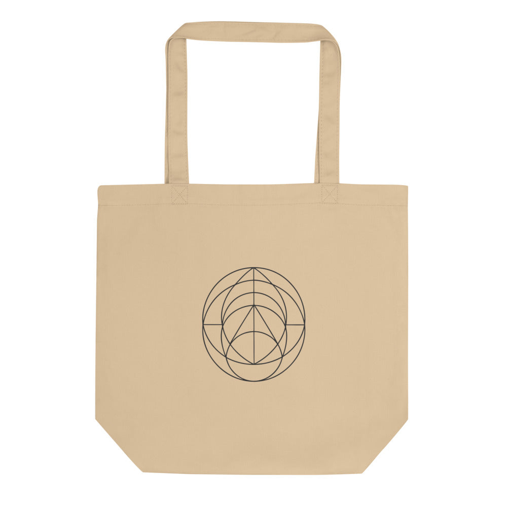 A minimalist geometric print of nested cardioid curves in hairline weight on a tote bag. Shown on the Bone (Oyster) colorway.
