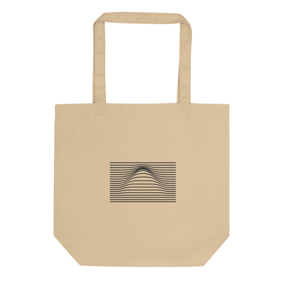 A geometric graphic of parallel horizontal lines bending upward in the center to form a Gaussian bell curve on a tote bag. Shown on the Bone (Oyster) colorway.