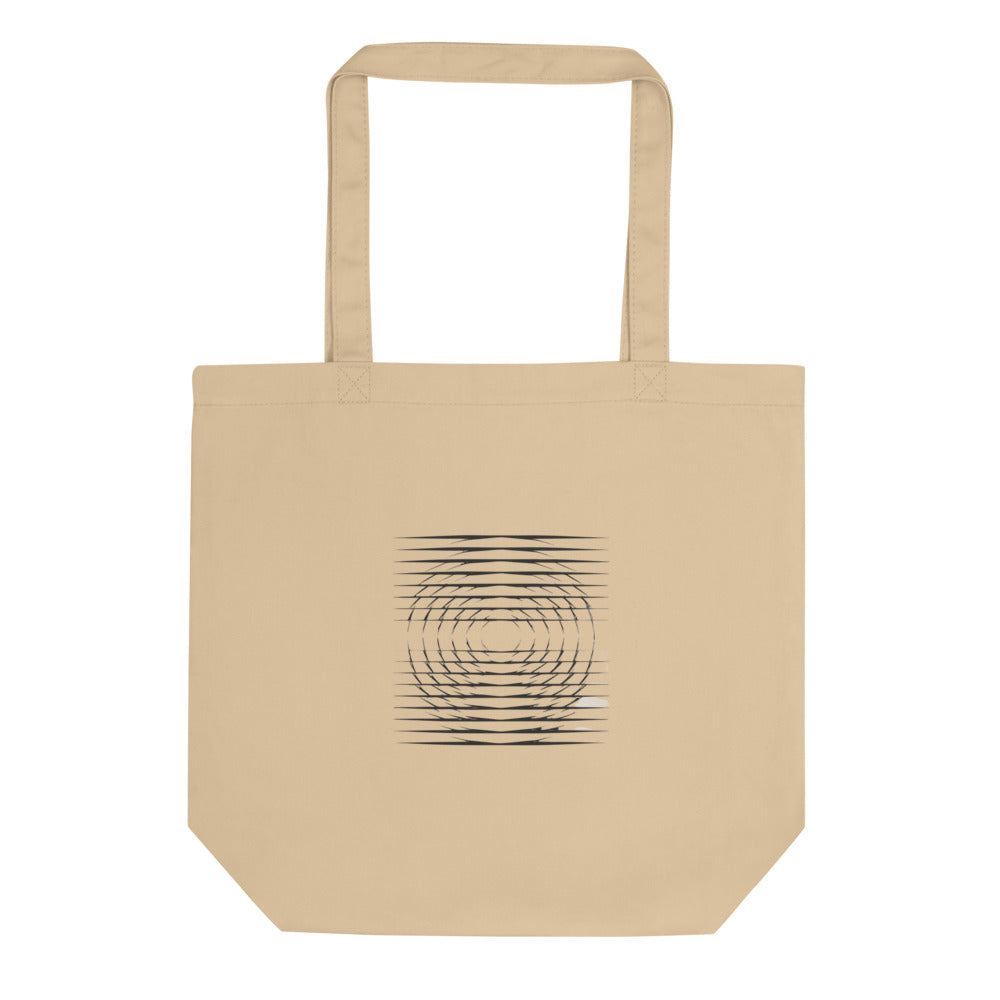 A grid of horizontal line segments decreasing in density radially from a central focal point, printed on a cotton tote bag. Shown on the Bone (Oyster) colorway.