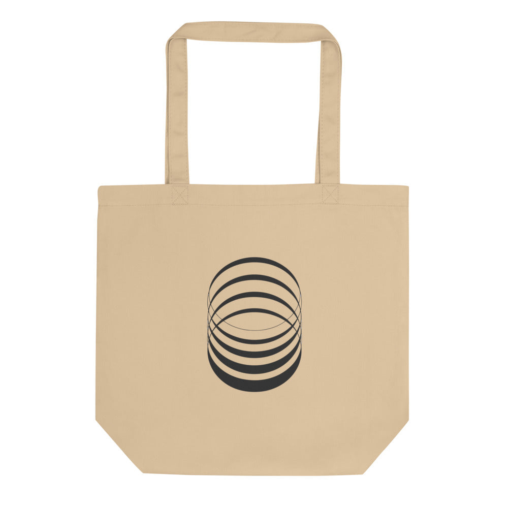 A sequence of eight concentric ellipses progressively flattened and rotated, printed on a tote bag. Shown on the Bone (Oyster) colorway.