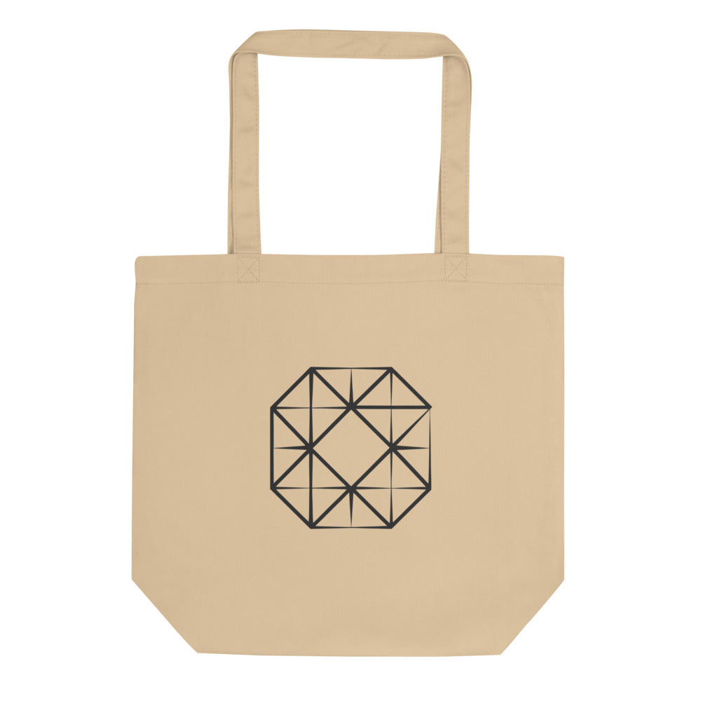 Technical illustration of four interlocking squares rotated ninety degrees on a cotton tote bag. Shown on the Bone (Oyster) colorway.