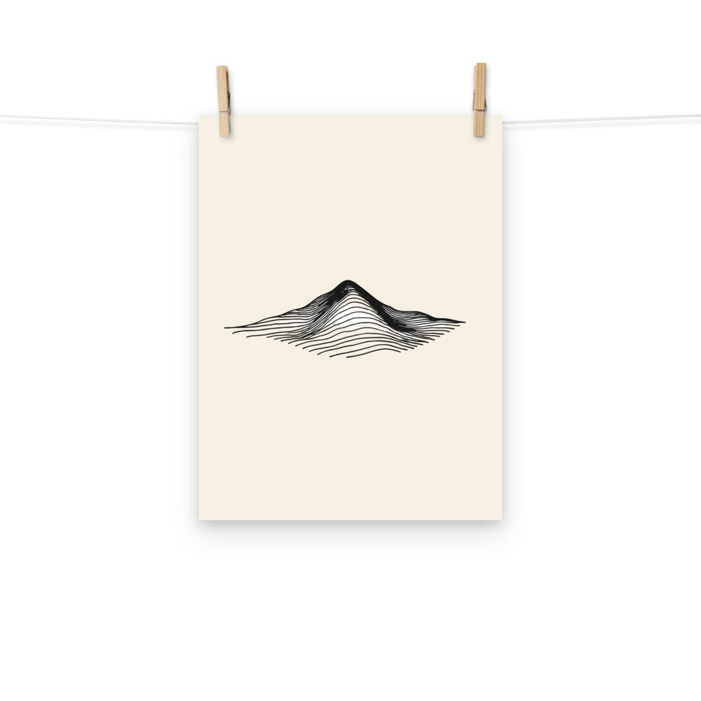An overhead esker ridge topographic contour line design printed on an art print. Hung with wooden pegs, 12″×16″ size.