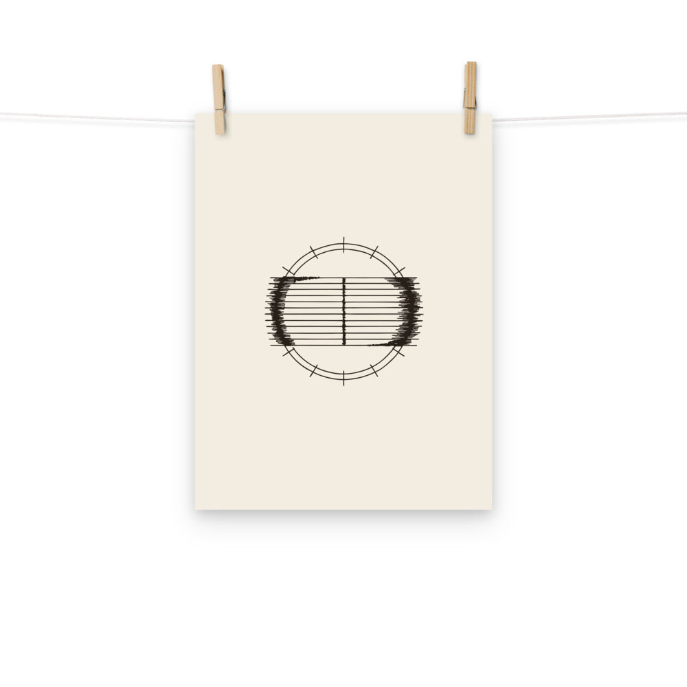 A minimalist bird migration chart design of twelve horizontal lines and vertical ticks printed on an art print. Hung with wooden pegs, 12″×16″ size.