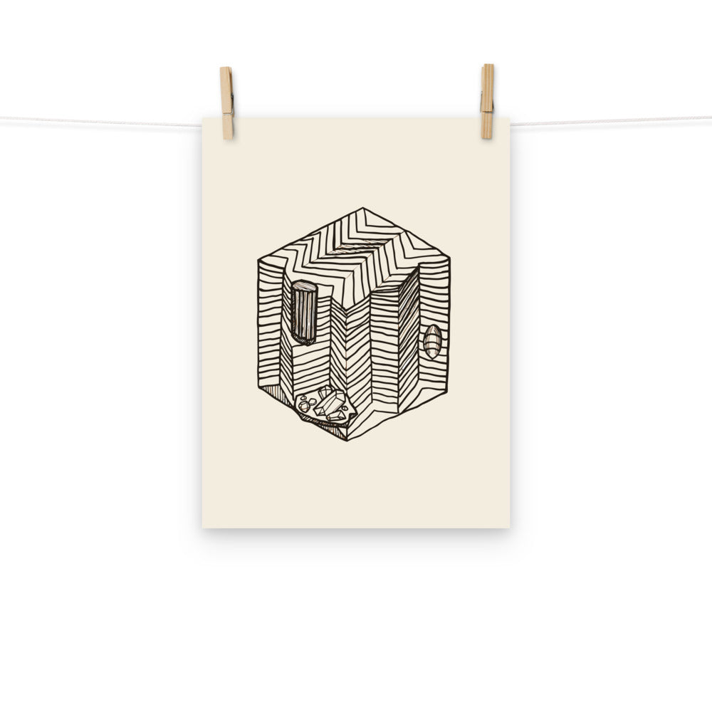 Minimalist line drawing of a square geological block showing sharp-angled chevron folds on an art print. Hung with wooden pegs, 12″×16″ size.