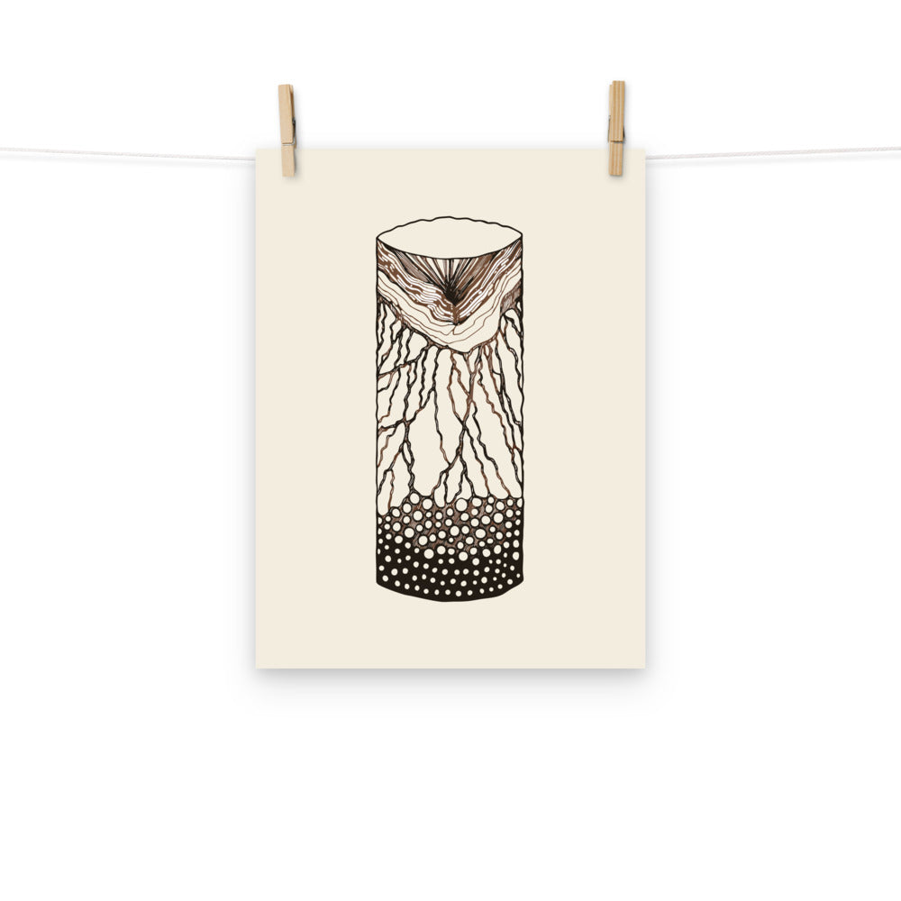 A geological line art diagram of a vertical drilled basalt core sample printed on an art print. Hung with wooden pegs, 12″×16″ size.
