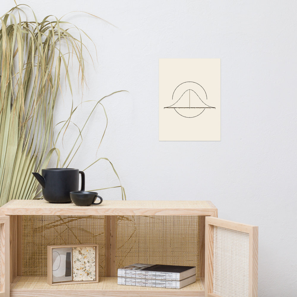 Solar altitude line plot showing the midday meridian sun path printed on an art print. Above a rattan cabinet, 12″×16″ size.