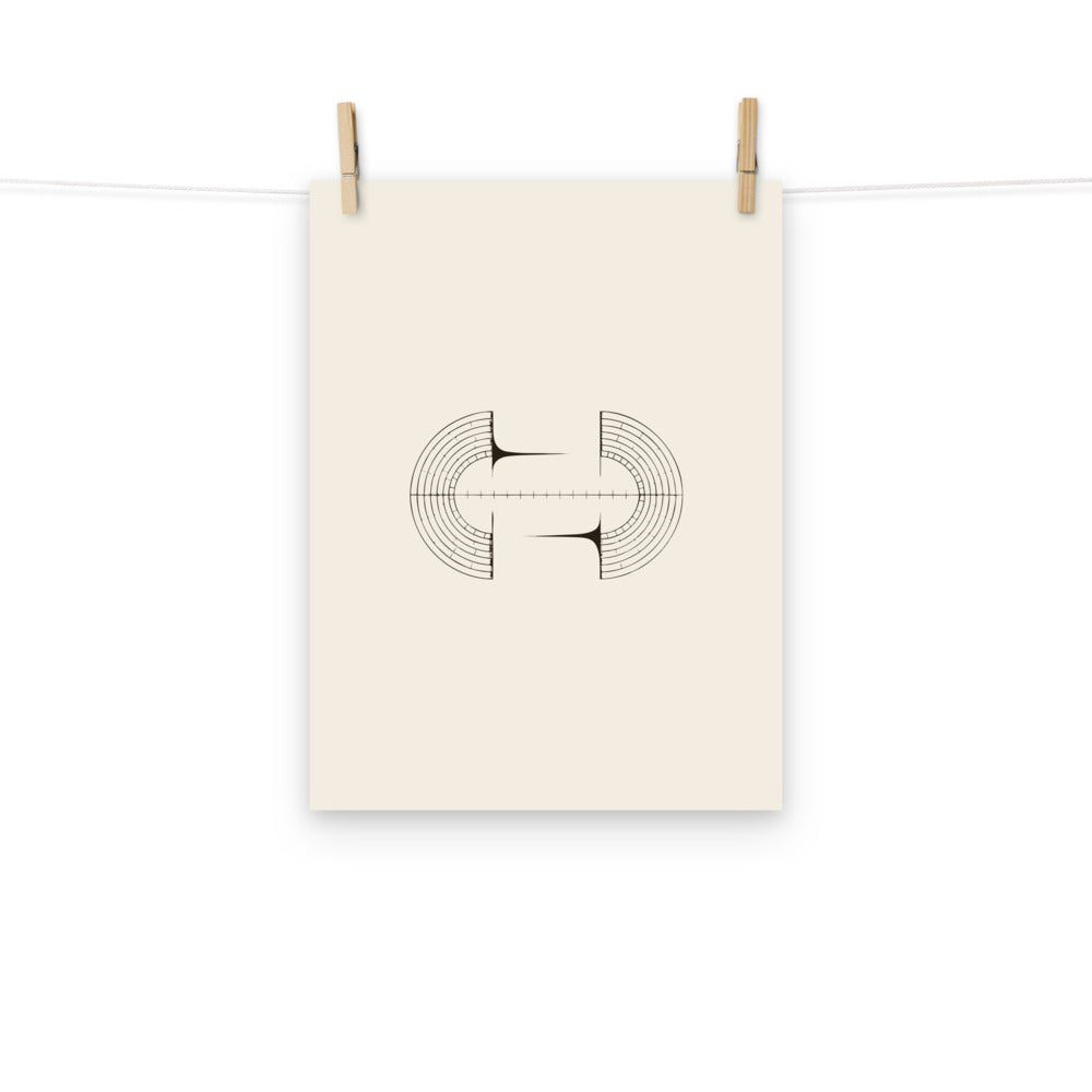 A minimalist diagram of opposing curved lines representing frost boundaries along a horizontal axis printed on an art print. Hung with wooden pegs, 12″×16″ size.