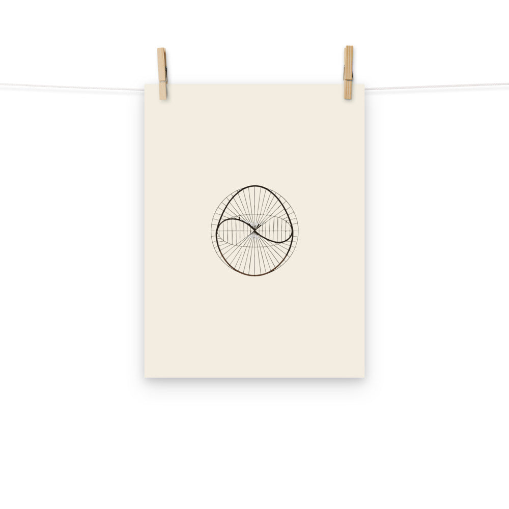 The precise figure-eight analemma curve and altitude grid lines printed on an art print. Hung with wooden pegs, 12″×16″ size.