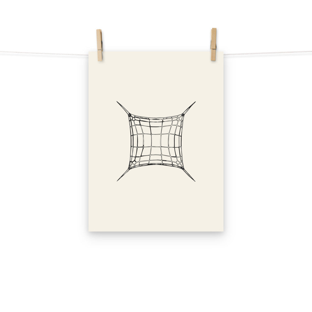 A minimalist line drawing of a box-shaped Biddulphia diatom frustule with corner spines, printed on an art print. Hung with wooden pegs, 12″×16″ size.