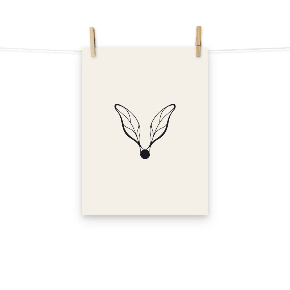A clean hairline drawing of a winged botanical alien seed specimen printed on an art print. Hung with wooden pegs, 12″×16″ size.