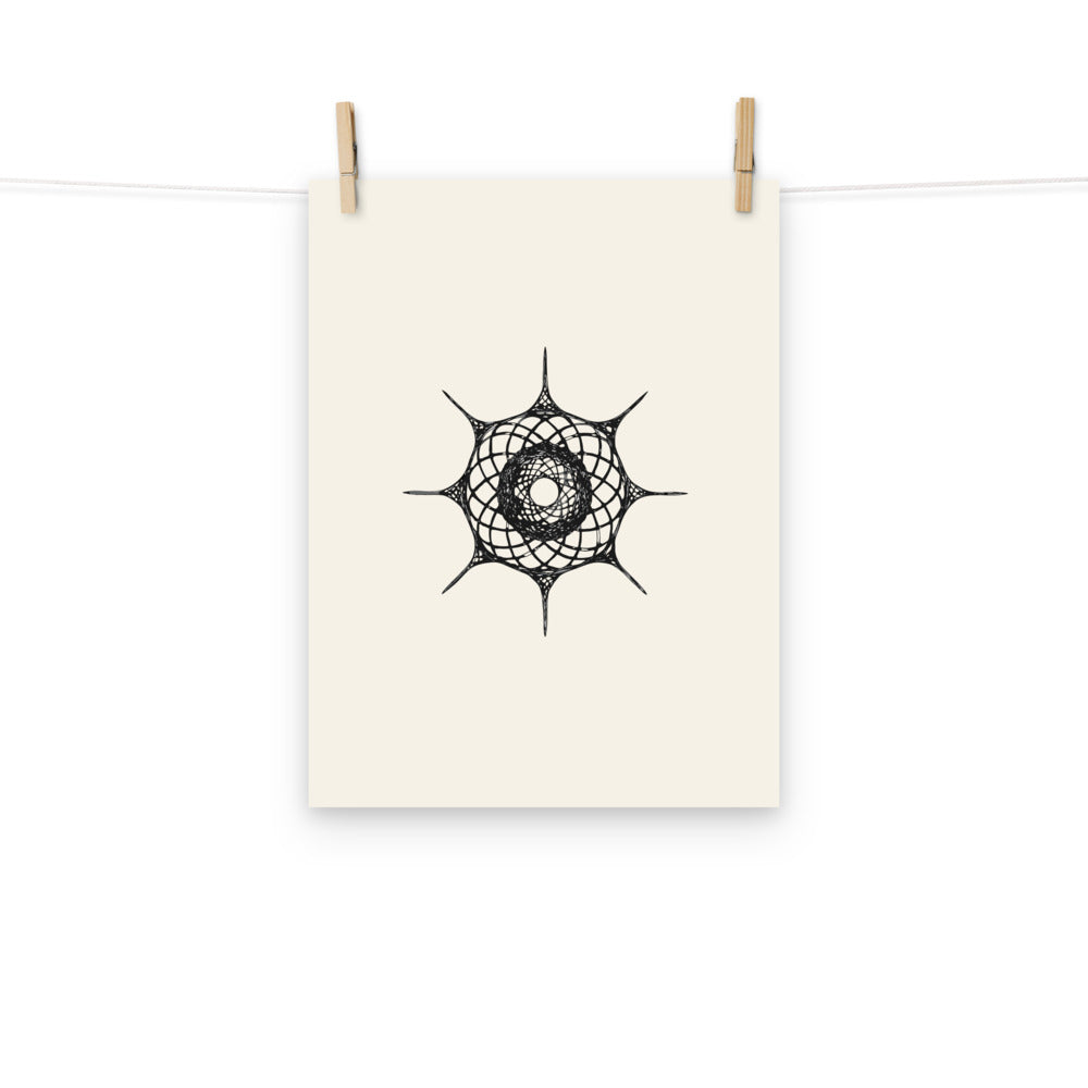 Minimalist line drawing of a Hexacontium radiolarian skeleton with six radial spines printed on an art print. Hung with wooden pegs, 12″×16″ size.