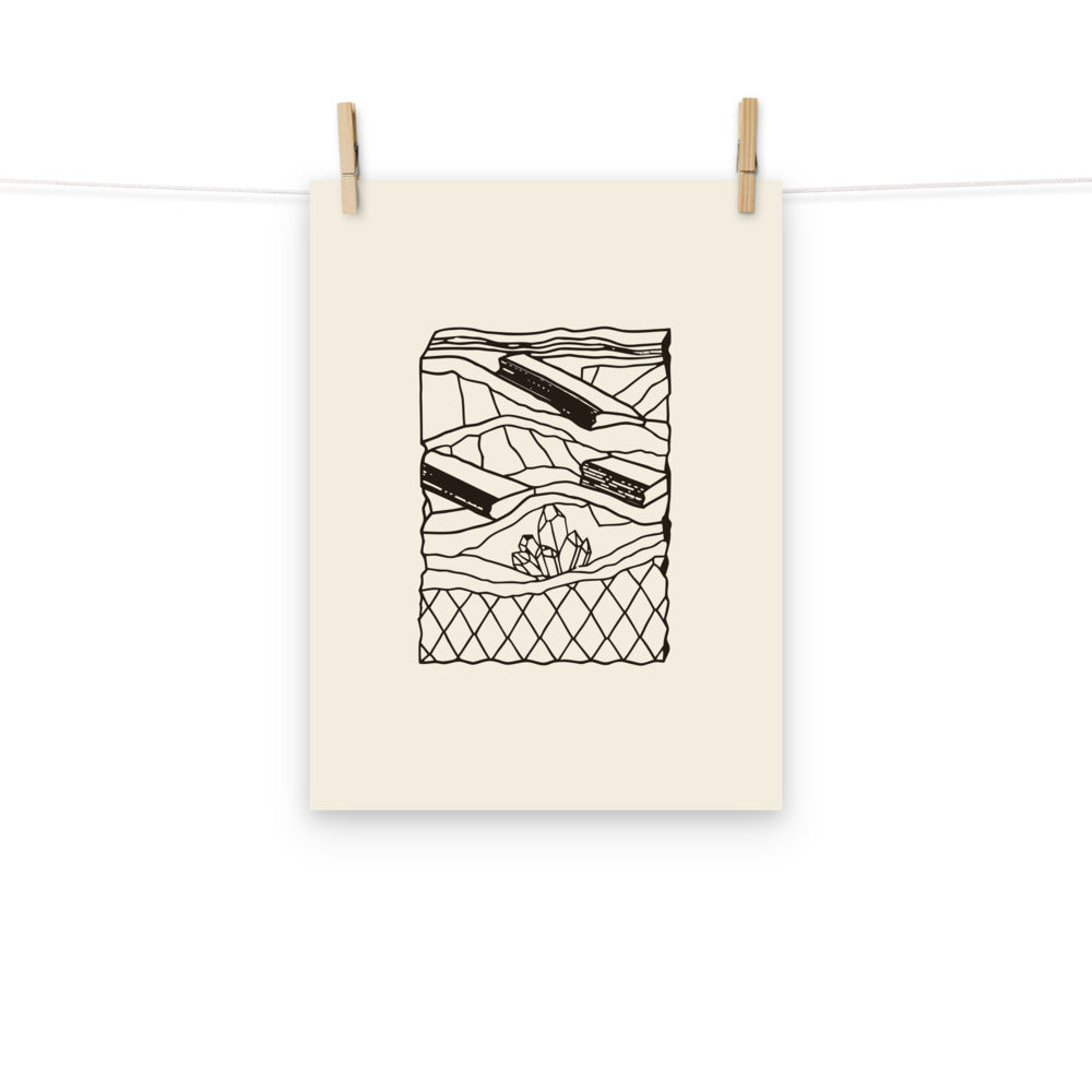 A minimalist line art design of a flat Carboniferous lycopod bark fossil plate printed on an art print. Hung with wooden pegs, 12″×16″ size.