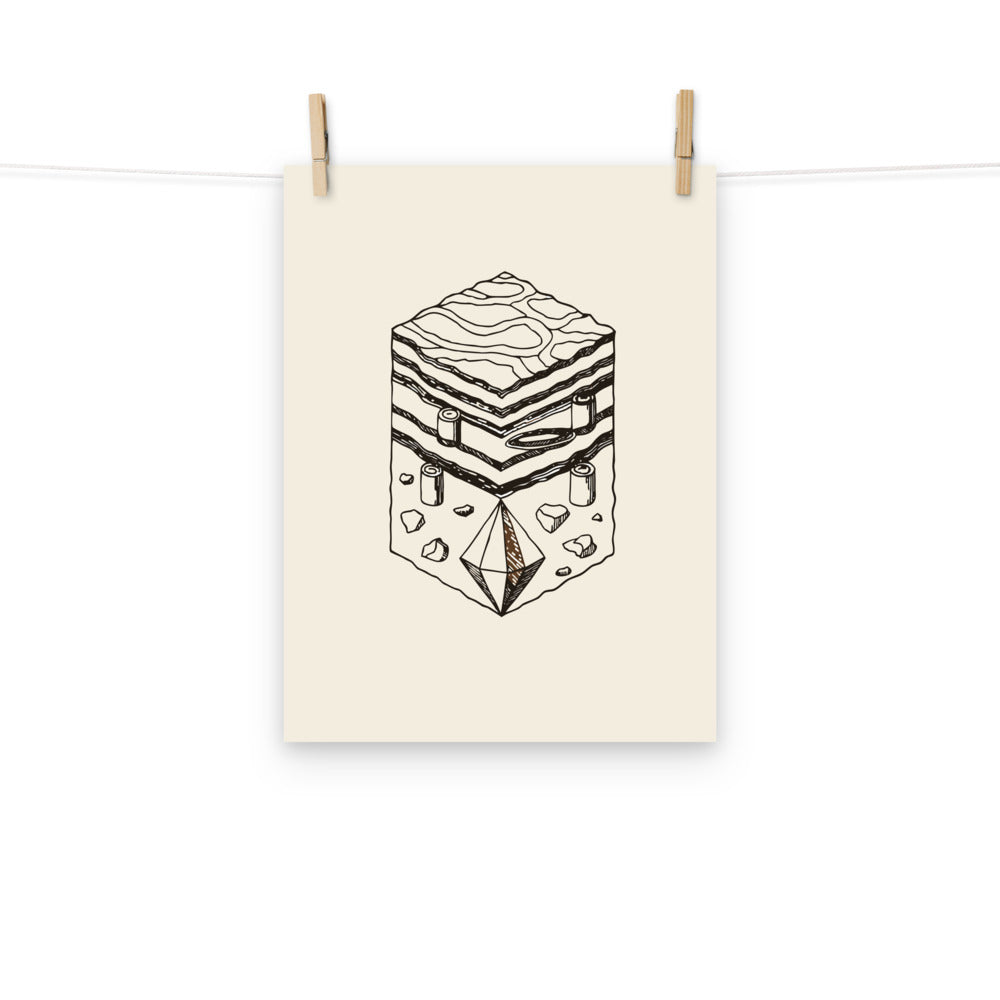 An orthographic line drawing of a calcite scalenohedron crystal printed on an art print. Hung with wooden pegs, 12″×16″ size.