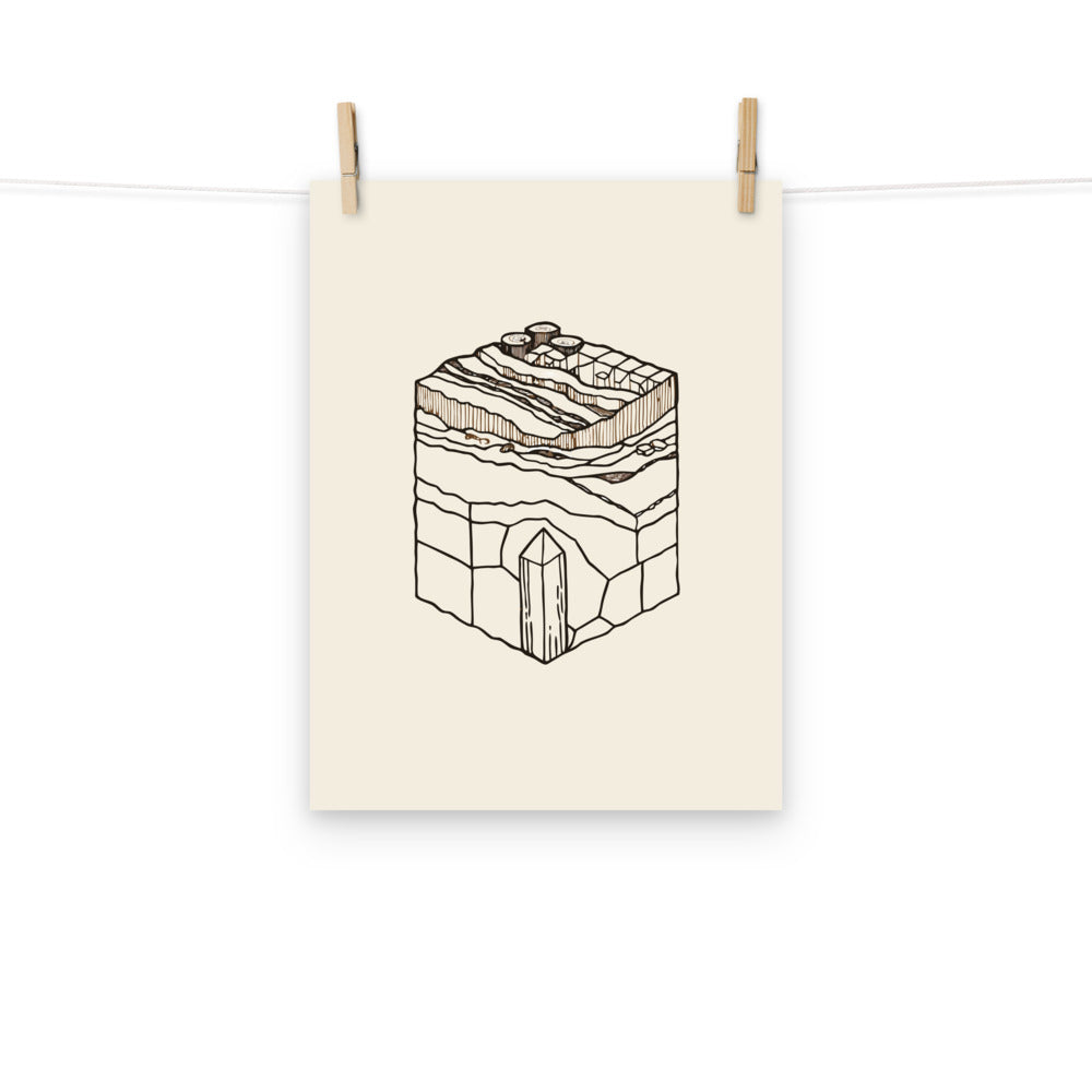 A clean geometric line drawing of a single beryl hexagonal column printed on a minimalist art print. Hung with wooden pegs, 12″×16″ size.