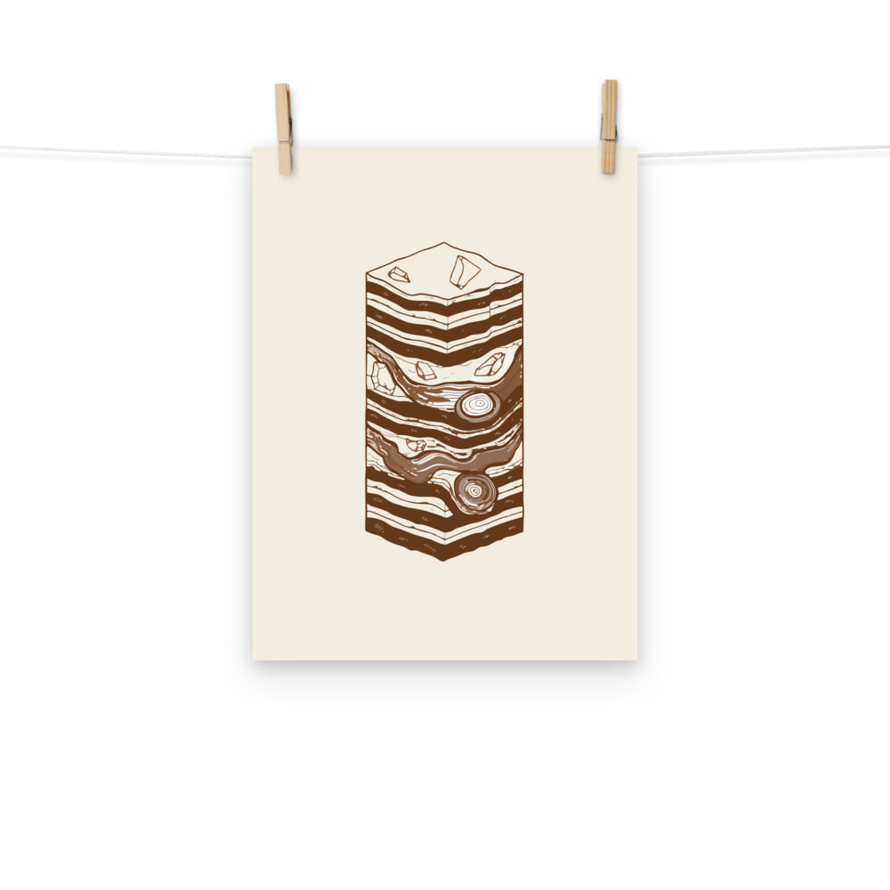 A vertical stratigraphic diagram of lake-bed varves printed as minimalist line art on an art print. Hung with wooden pegs, 12″×16″ size.