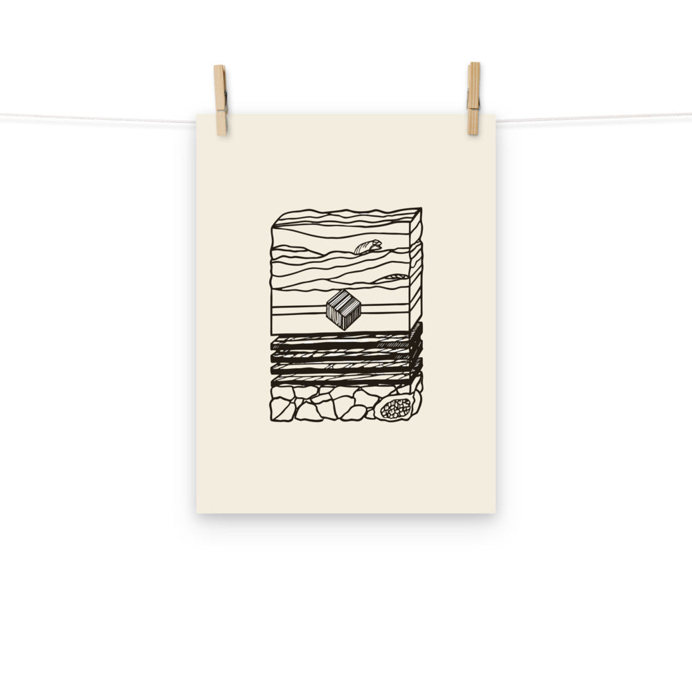 A crystallographic line drawing of two interpenetrating pyrite cubes with fine parallel striations on an art print. Hung with wooden pegs, 12″×16″ size.