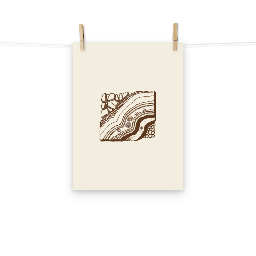 An asymmetric anticline fold stratigraphic cross-section in clean hairline line art printed on a minimalist art print. Hung with wooden pegs, 12″×16″ size.