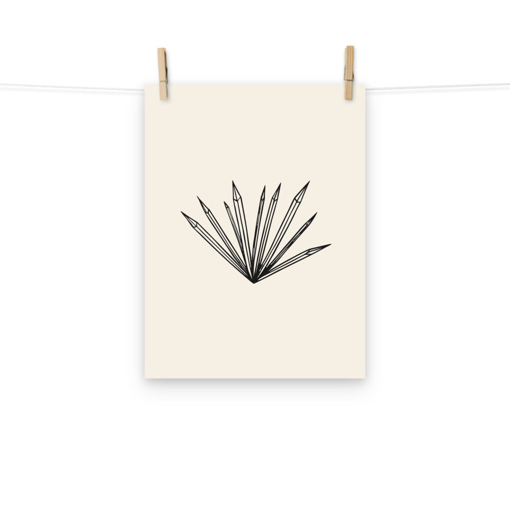 A minimalist print of radiating hoarfrost crystal needles on an art print. Hung with wooden pegs, 12″×16″ size.