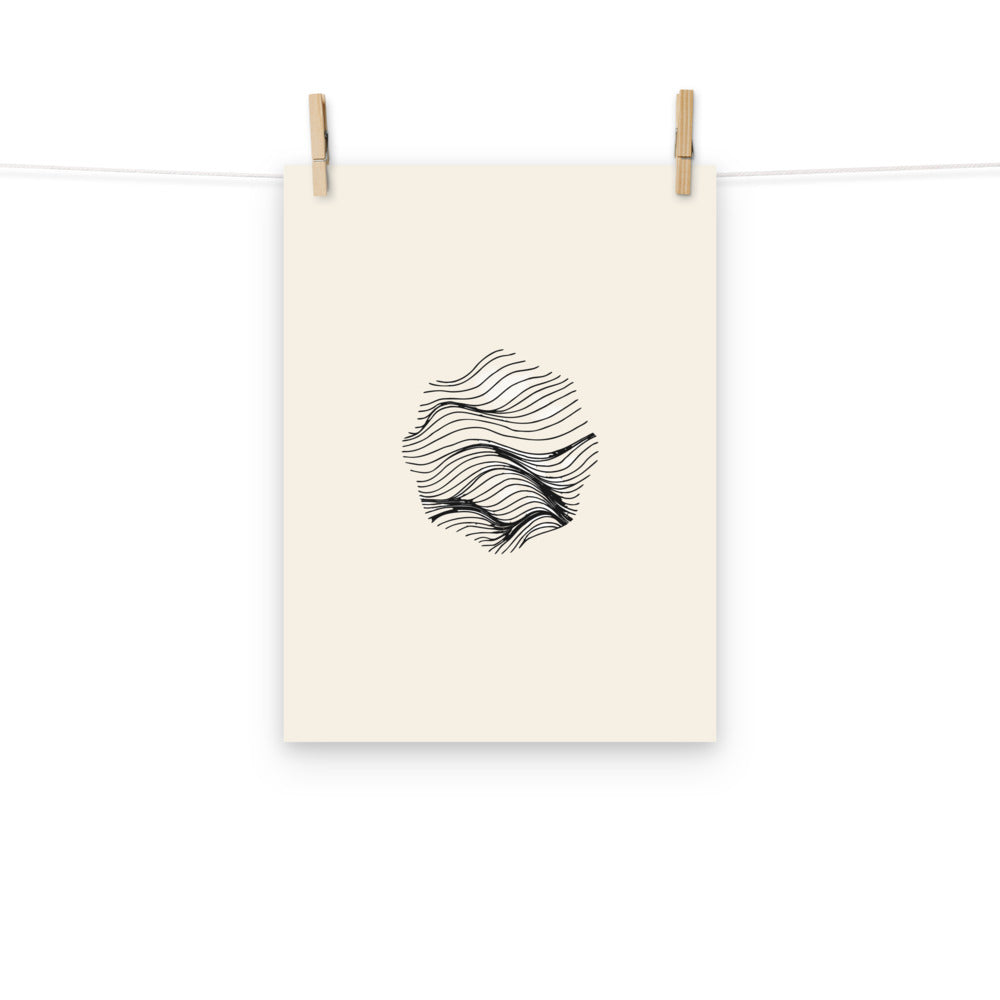 Detailed line art illustration of noctilucent cloud wave patterns printed on an art print. Hung with wooden pegs, 12″×16″ size.