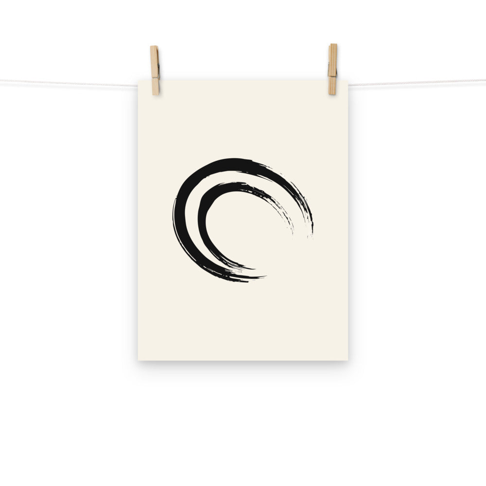 A double-layered crescent enso sumi-e painting printed on a minimalist art print. Hung with wooden pegs, 12″×16″ size.