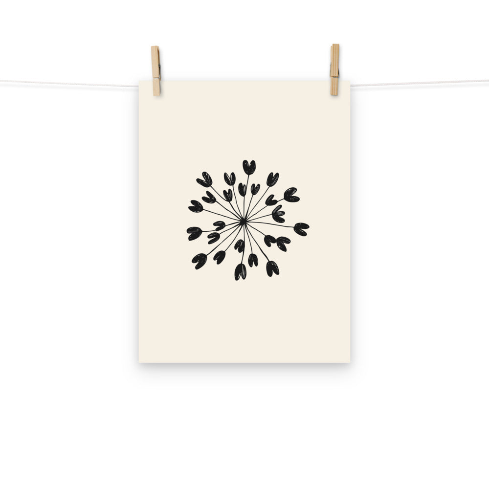 Fine hairline drawing of a lovage seed umbellule with radiating stems and ribbed seeds on an art print. Hung with wooden pegs, 12″×16″ size.