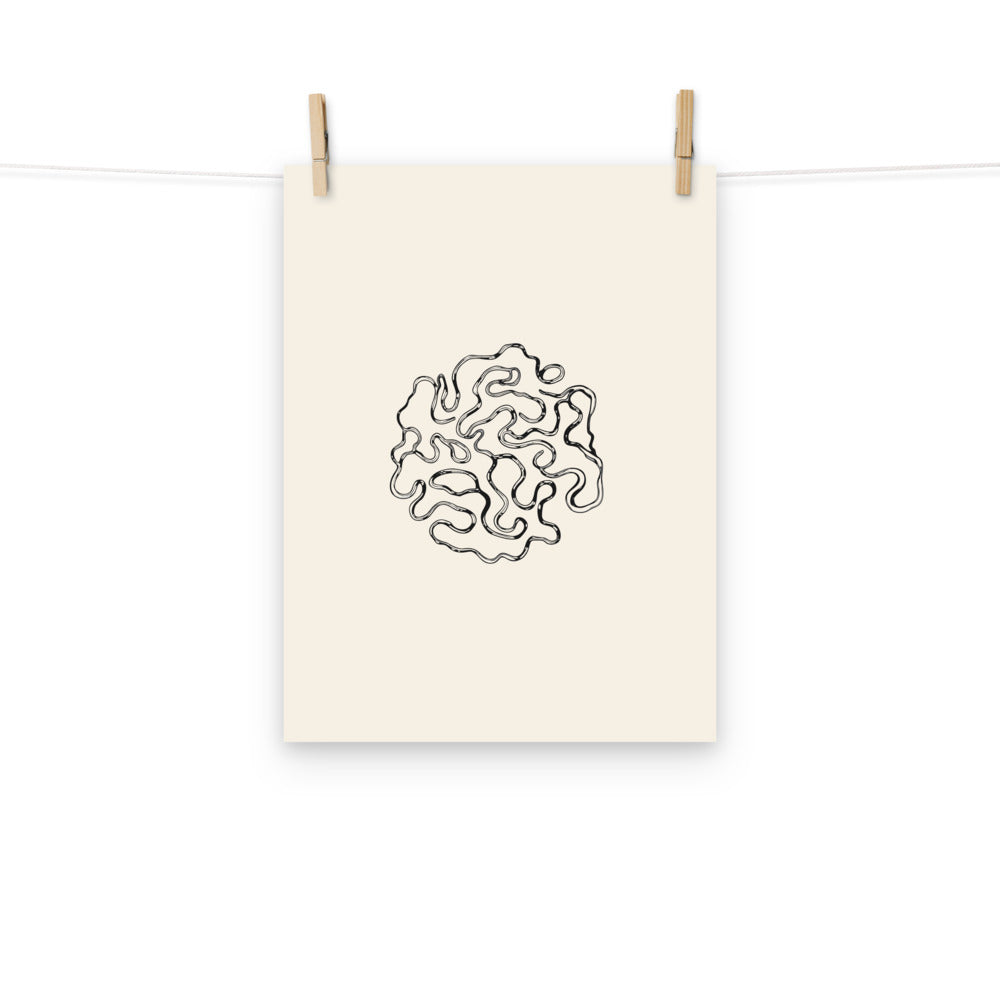 An anastomosing river network design featuring winding channels and islands, printed in minimalist topographic line art on an art print. Hung with wooden pegs, 12″×16″ size.